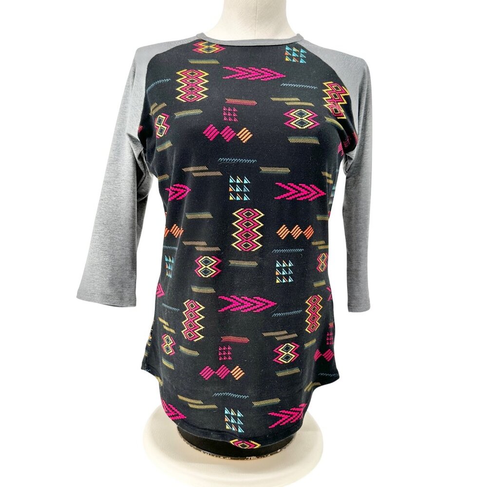 Lularoe Randy Top XS Black and Gray Geometric Print Raglan 3/4 Sleeve Tunic